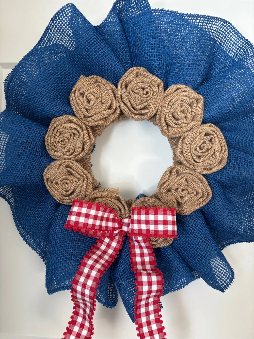 Hand Crafted Blue Burlap Wreath with Tan Rosettes and Red Gingham Bow Accent